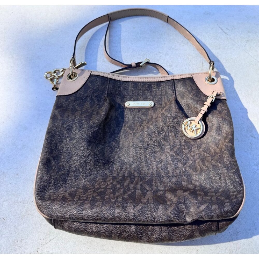Michael Kors MK Signature Hobo Shoulder Bag Black Tan Trim Chain Strap Zip Top - Picture 4 of 13